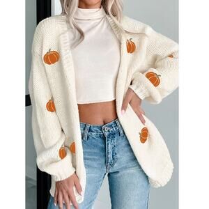 Beautiful White Pumpkin Print Open Front Drop Shoulder Midi Cardigan